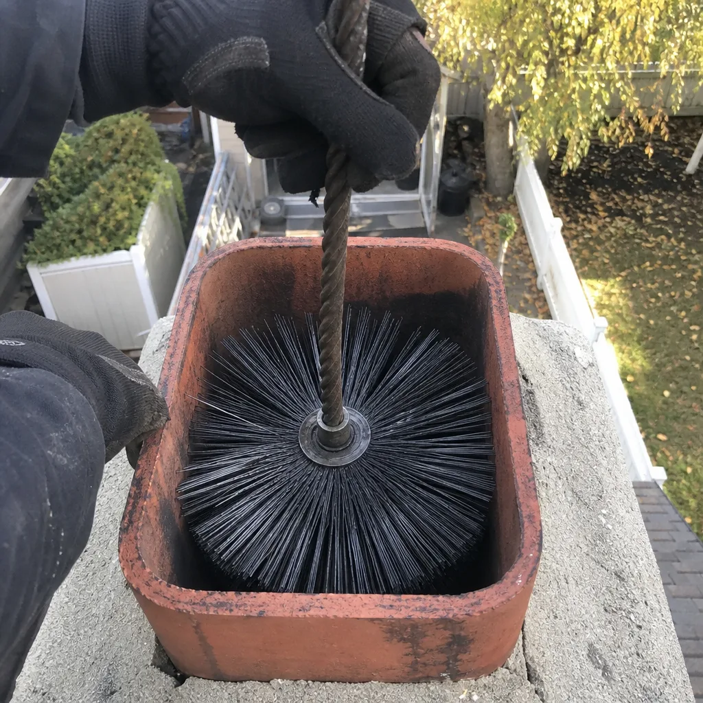 Professional chimney sweep cleaning a chimney flue with a wire brush.