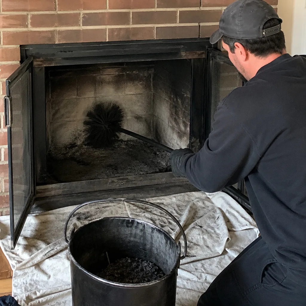 Professional chimney sweep cleaning soot from a residential fireplace interior