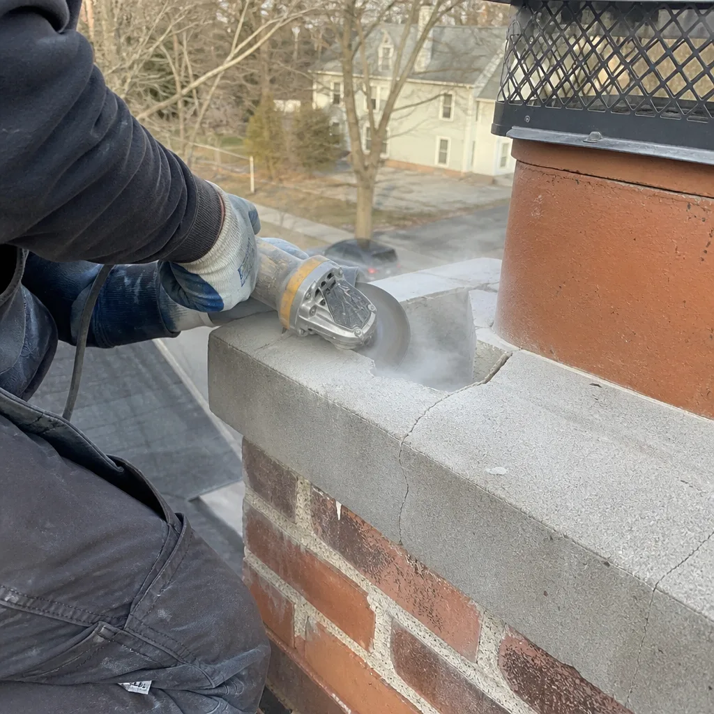 Technician using an angle grinder to repair a brick chimney crown