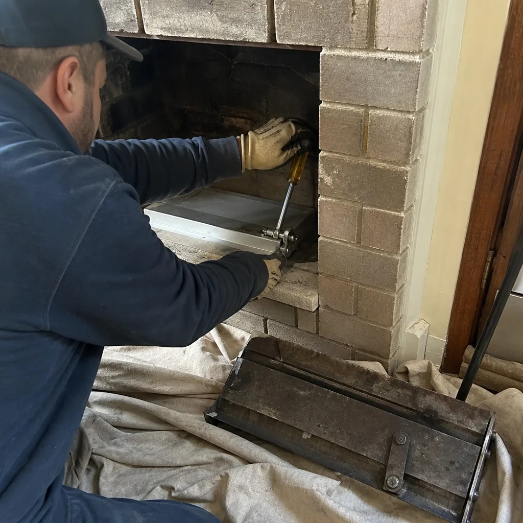 Professional technician performing fireplace insert maintenance and cleaning services