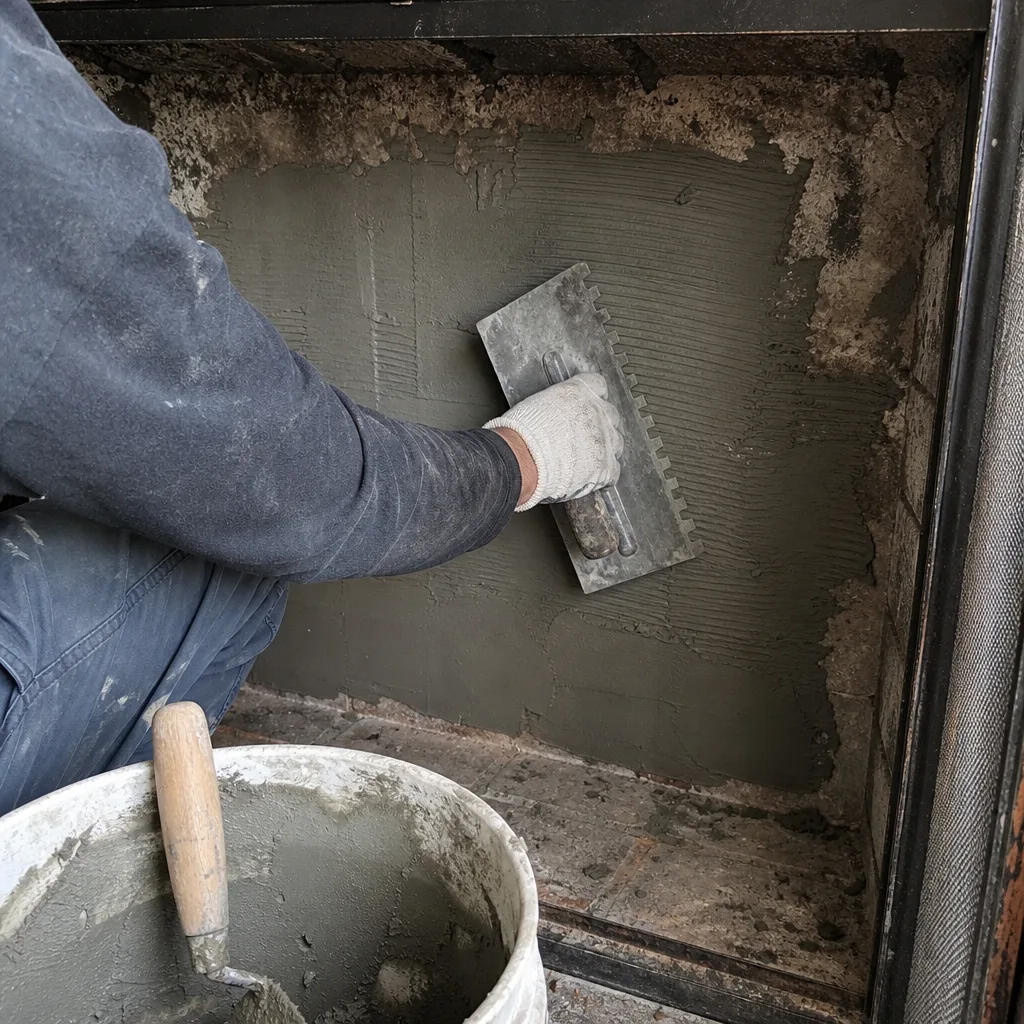 Worker applying mortar to a fireplace interior for repairs