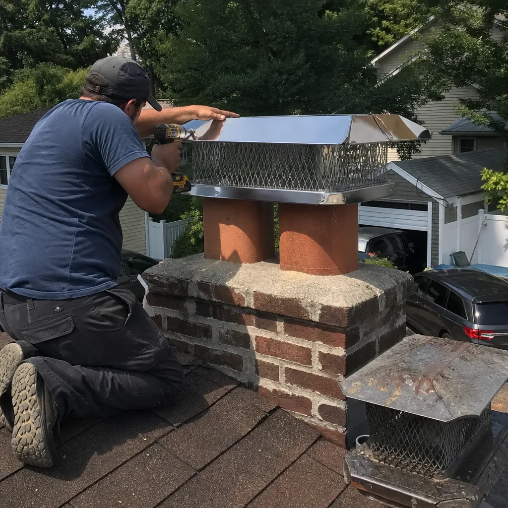 Technician installing a stainless steel chimney cap on a brick chimney. nationwide