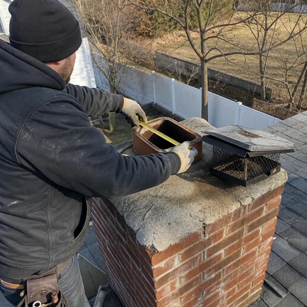Technician measuring chimney flue for cap installation on a brick chimney nationwide