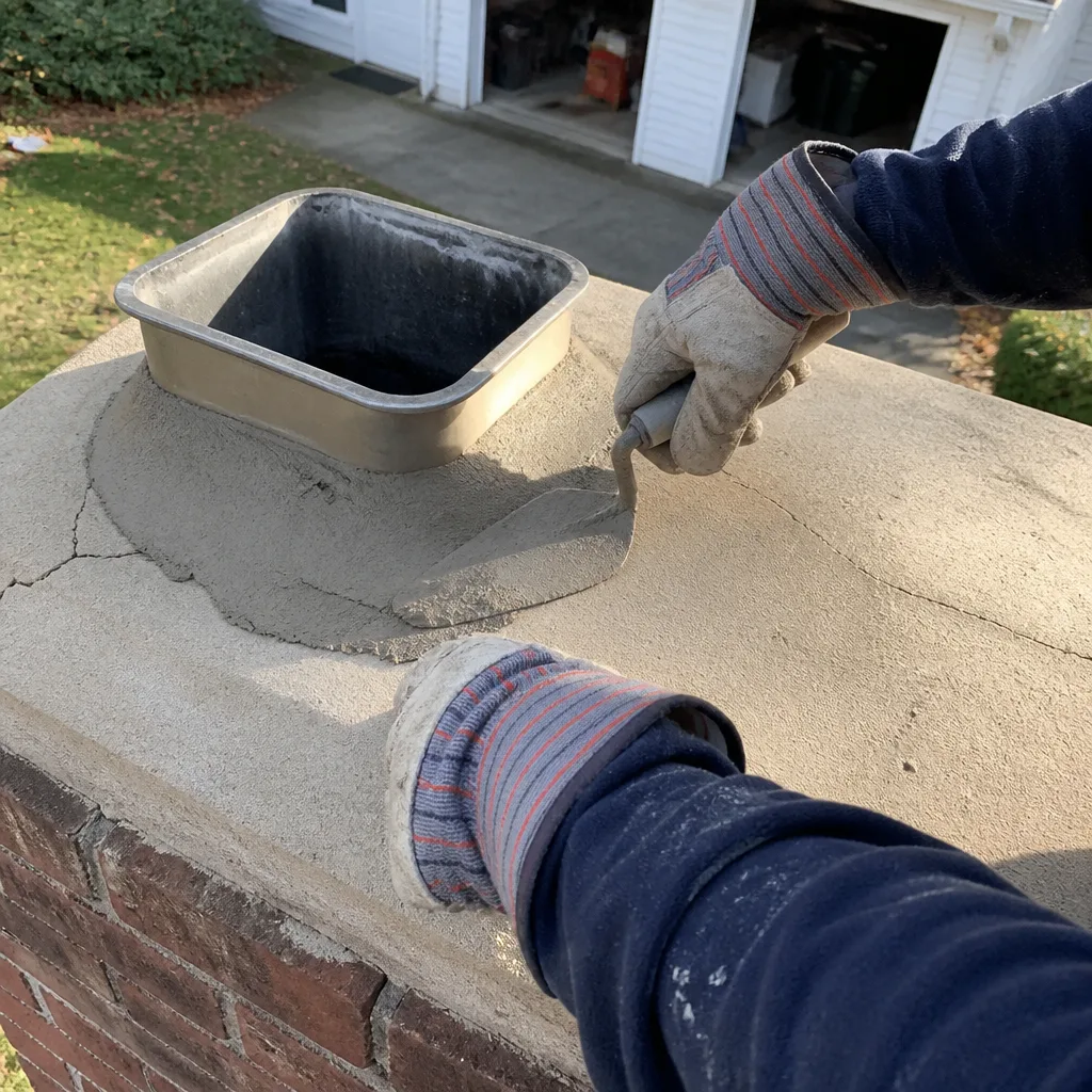 Chimney professional repairing a chimney crown with mortar nationwide