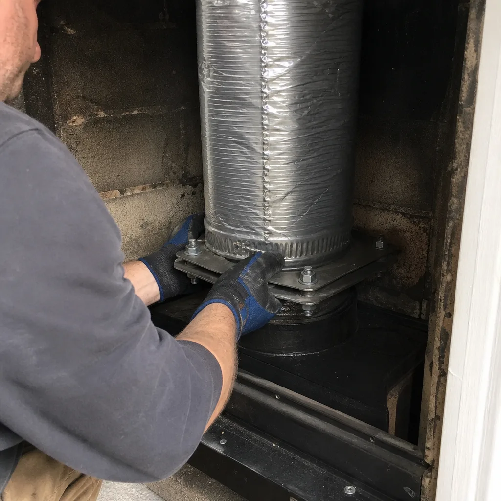 Professional technician installing a stainless steel chimney liner into a stove insert nationwide