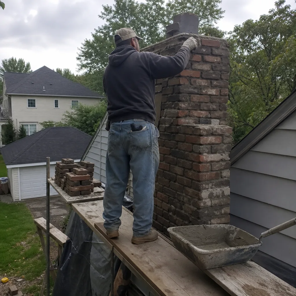 Professional mason performing a brick chimney rebuild and repair on scaffolding nationwide