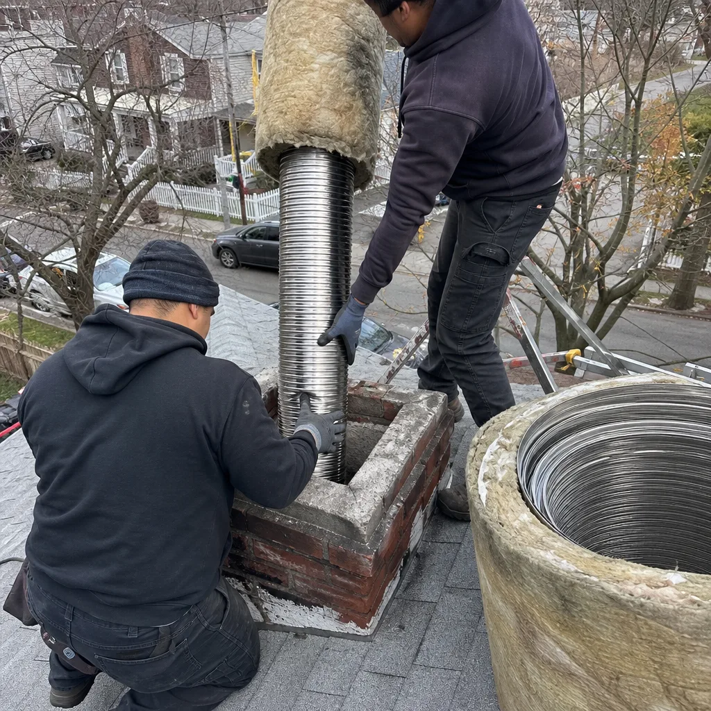 Two technicians installing a new stainless steel chimney liner on a rooftop nationwide